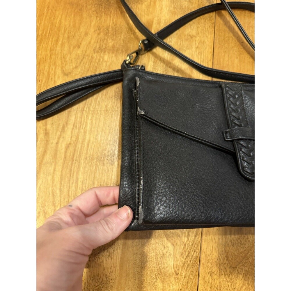 Lucky Brand Black Leather Pebbles Crossbody Bag Foldover Wallet Purse Distressed - Picture 2 of 16